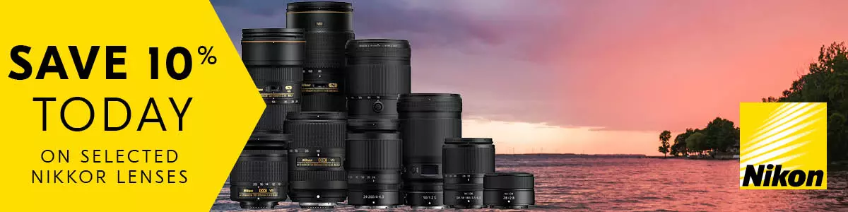 Banner. Reads: Save 10% Today on Selected Nikkor Lenses.