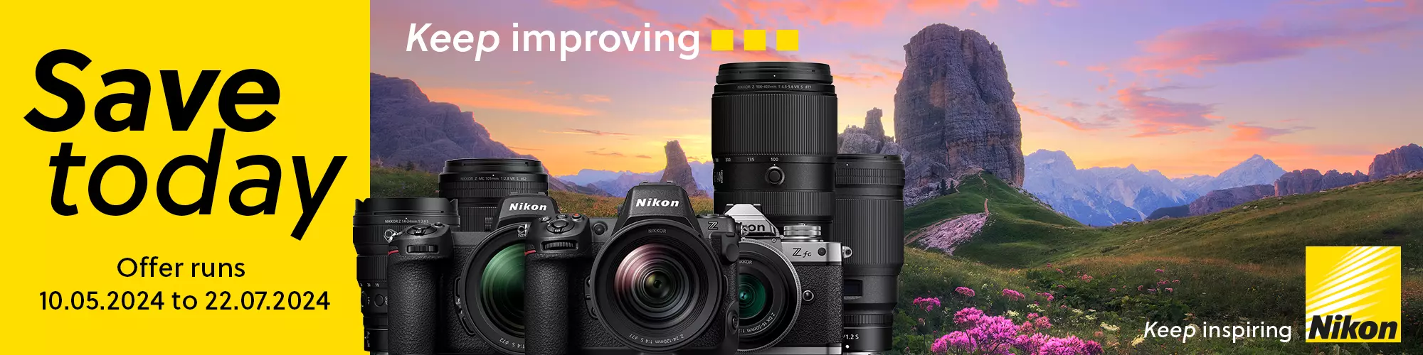 Banner. Reads: Save today on selected products with Nikon. Offer ends 22nd July 2024.